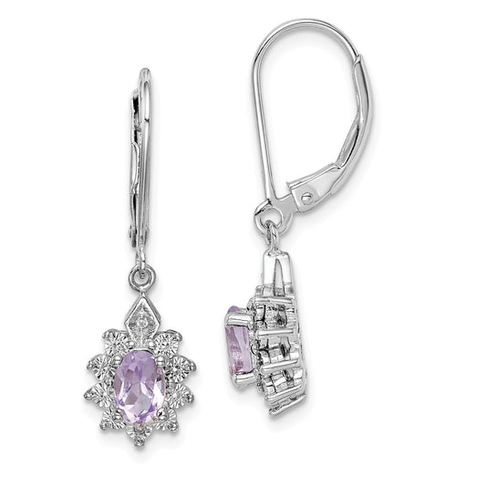925 Sterling Silver Rhodium-plated Diamond & Pink Quartz Earrings, 32mm x 8mm