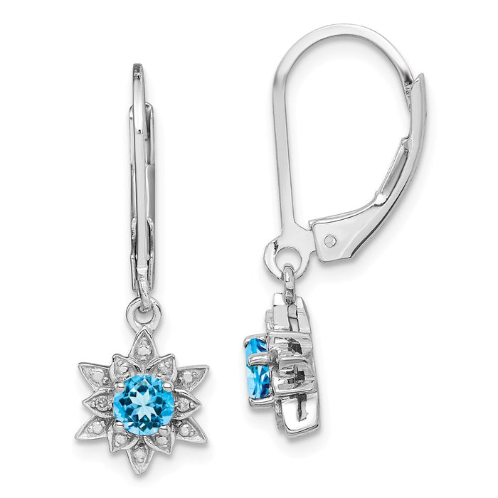 925 Sterling Silver Rhodium-plated Diamond & Light Blue Topaz Earrings, 28mm x 9mm