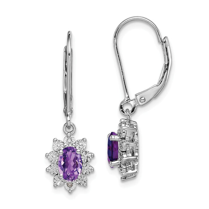 925 Sterling Silver Rhodium-plated Diamond & Amethyst Earrings, 27mm x 9mm