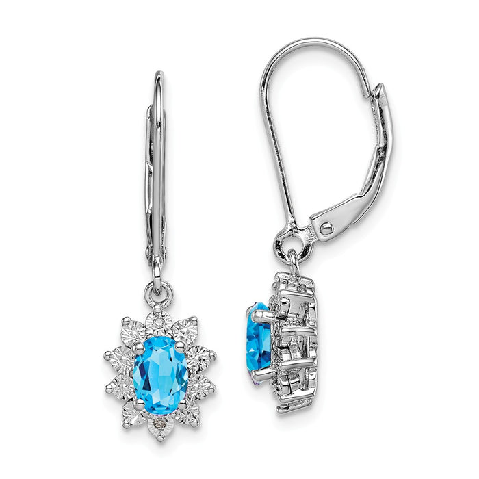 925 Sterling Silver Rhodium-plated Diamond & Light Blue Topaz Earrings, 27mm x 9mm