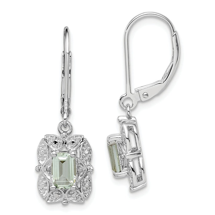 925 Sterling Silver Rhodium-plated Diamond & Green Quartz Earrings, 30mm x 9mm