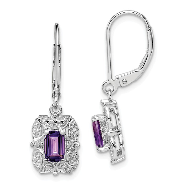 925 Sterling Silver Rhodium-plated Diamond & Amethyst Earrings, 30mm x 9mm