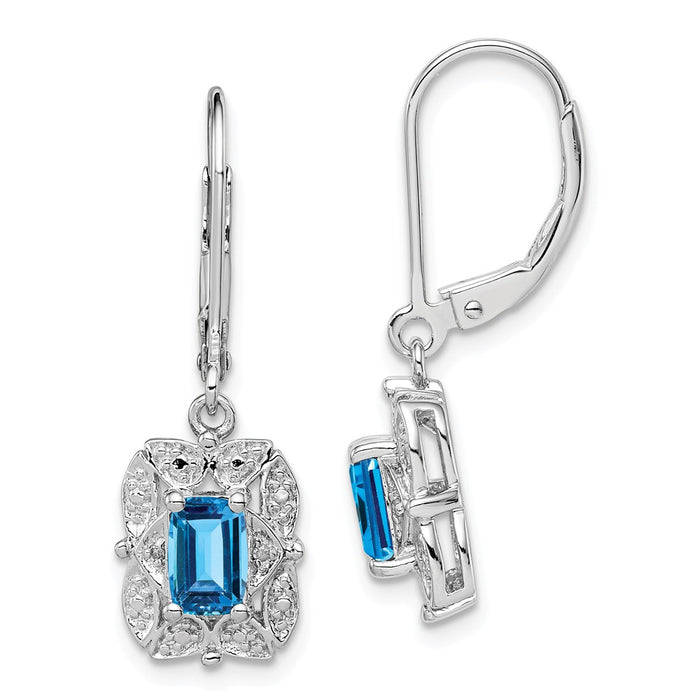 925 Sterling Silver Rhodium-plated Diamond & Light Blue Topaz Earrings, 30mm x 9mm