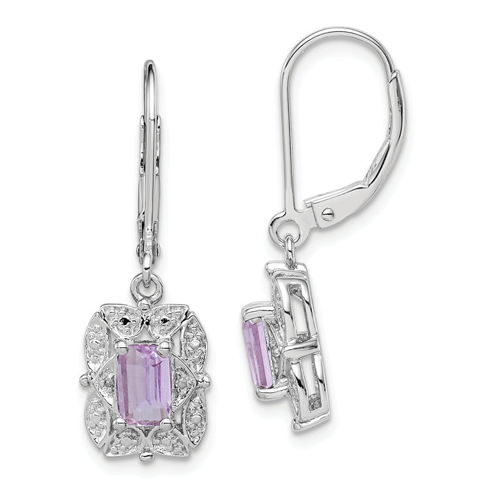 925 Sterling Silver Rhodium-plated Diamond & Pink Quartz Earrings, 31mm x 10mm