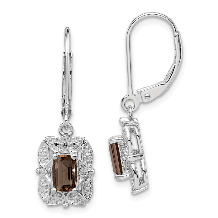 925 Sterling Silver Rhodium-plated Diamond & Smoky Quartz Earrings, 30mm x 9mm