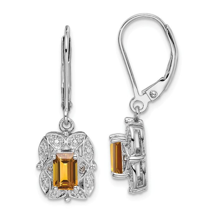 925 Sterling Silver Rhodium-plated Diamond & Whiskey Quartz Earrings, 31mm x 10mm