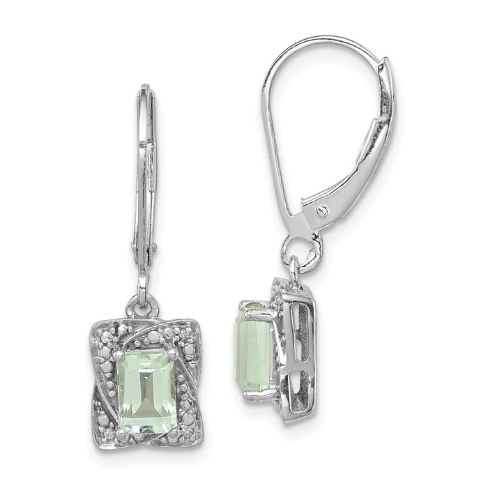 925 Sterling Silver Rhodium-plated Diamond & Green Quartz Earrings, 26mm x 8mm