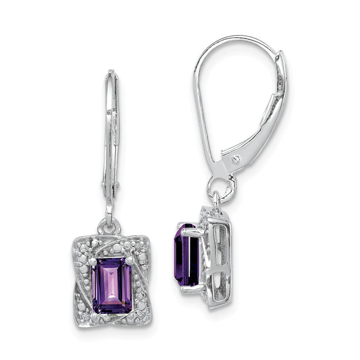 925 Sterling Silver Rhodium-plated Diamond & Amethyst Earrings, 26mm x 8mm