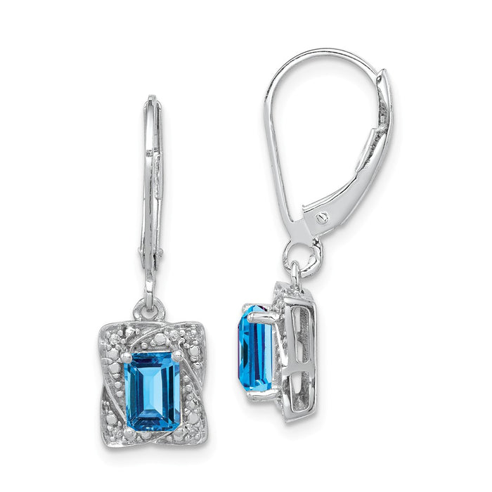 925 Sterling Silver Rhodium-plated Diamond & Light Blue Topaz Earrings, 26mm x 8mm