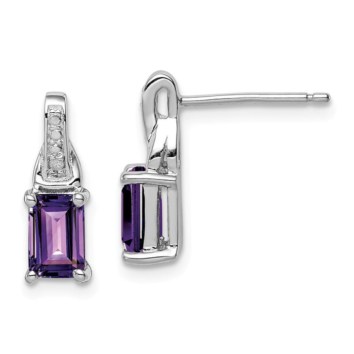 925 Sterling Silver Rhodium-plated Diamond & Amethyst Earrings, 13mm x 5mm