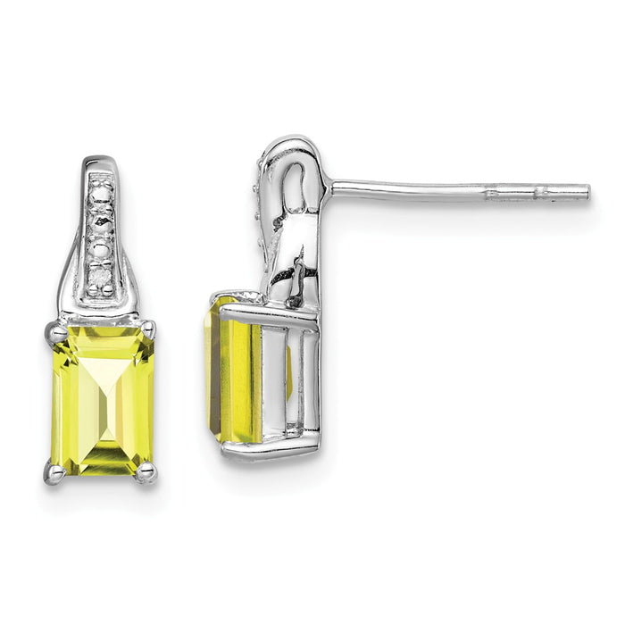 925 Sterling Silver Rhodium-plated Diamond & Lemon Quartz Earrings, 13mm x 5mm