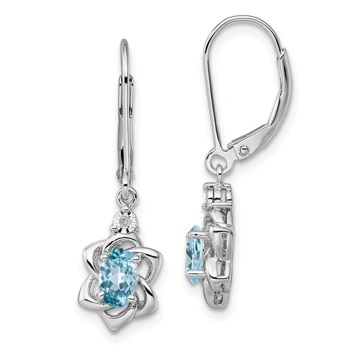 925 Sterling Silver Rhodium-plated Diamond & Light Blue Topaz Earrings, 28mm x 8mm