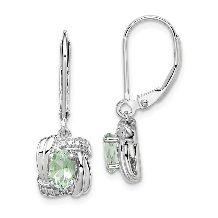 925 Sterling Silver Rhodium-plated Diamond & Green Quartz Earrings, 25mm x 9mm