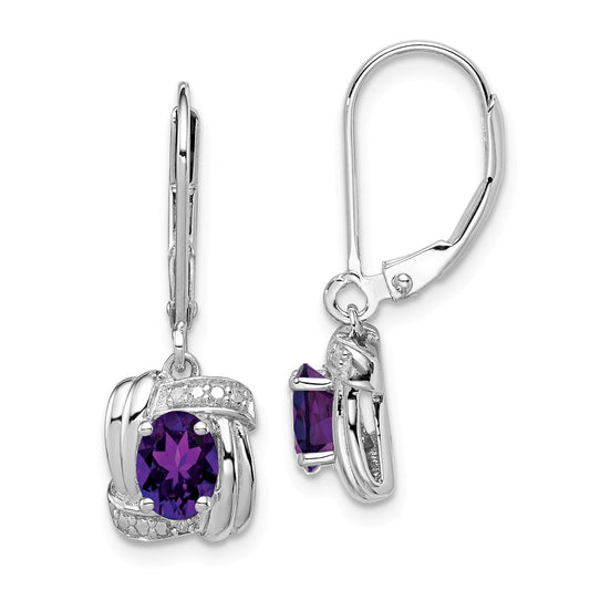 925 Sterling Silver Rhodium-plated Diamond & Amethyst Earrings, 25mm x 9mm