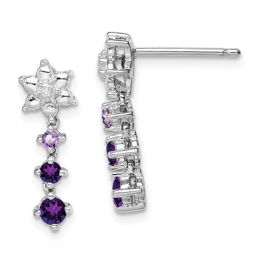 925 Sterling Silver Rhodium-plated Pink Quartz & Quartz Diamond Earrings, 20mm x 6mm