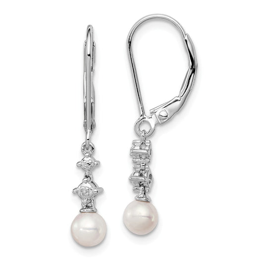925 Sterling Silver Rhodium-plated Freshwater Cultured Pearl Diamond Earrings, 30mm x 5mm