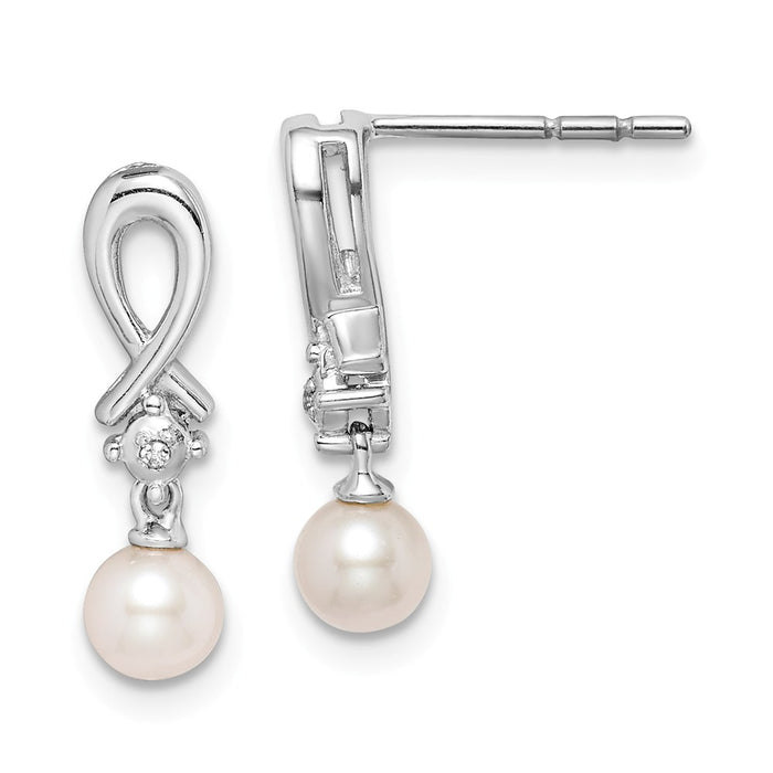 925 Sterling Silver Rhodium-plated Freshwater Cultured Pearl Diamond Earrings, 17mm x 5mm