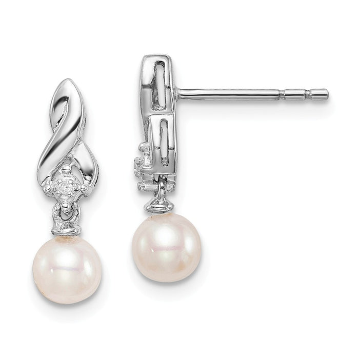 925 Sterling Silver Rhodium-plated Freshwater Cultured Pearl Diamond Earrings, 15mm x 5mm