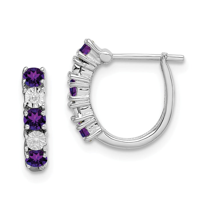 925 Sterling Silver Rhodium-plated Amethyst & Diamond Earrings, 12mm x 12mm