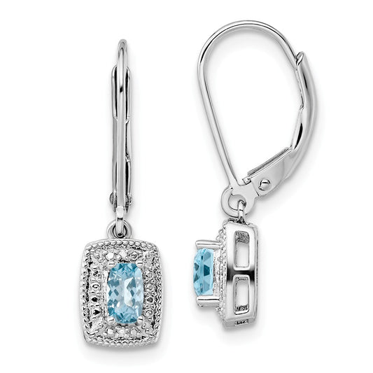 925 Sterling Silver Rhodium-plated Light Blue Topaz Diamond Earrings, 26mm x 7mm