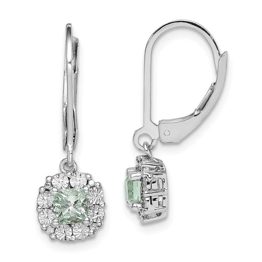 925 Sterling Silver Rhodium-plated Green Quartz Diamond Earrings, 25mm x 8mm
