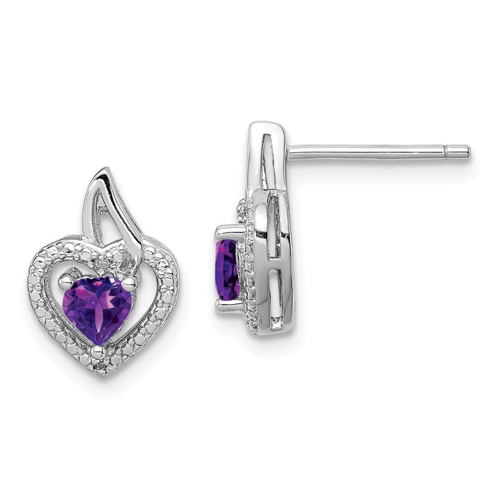 925 Sterling Silver Rhodium-plated Amethyst Diamond Earrings, 13mm x 9mm