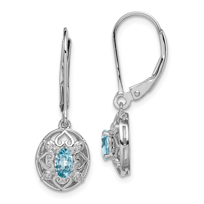 925 Sterling Silver Rhodium-plated Light Blue Topaz Diamond Earrings, 28mm x 10mm
