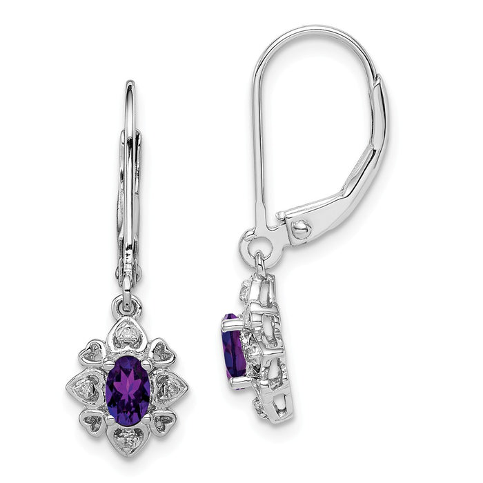 925 Sterling Silver Rhodium-plated Amethyst Diamond Earrings, 28mm x 8mm