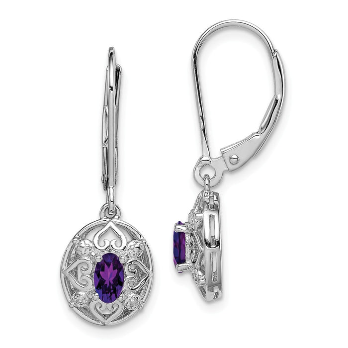 925 Sterling Silver Rhodium-plated Amethyst Diamond Earrings, 28mm x 9mm