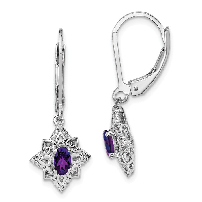 925 Sterling Silver Rhodium-plated Amethyst Diamond Earrings, 28mm x 11mm