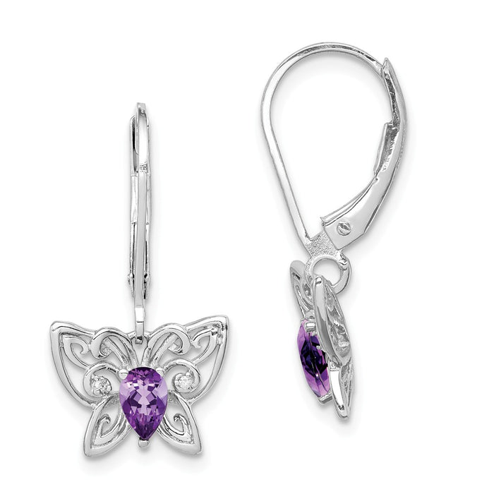 925 Sterling Silver Rhodium-plated Amethyst Diamond Butterfly Earrings, 23mm x 12mm