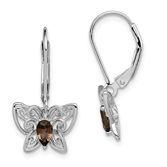 925 Sterling Silver Rhodium-plated Smoky Quartz Diamond Earrings, 23mm x 12mm