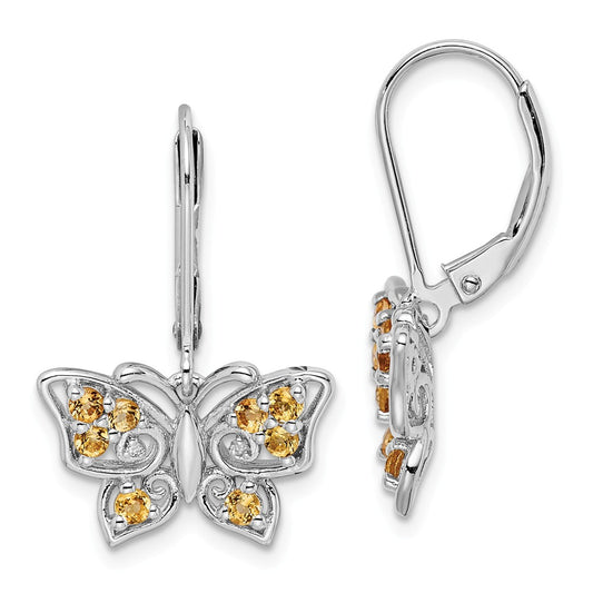 925 Sterling Silver Rhodium-plated Whiskey Quartz Diamond Earrings, 26mm x 16mm