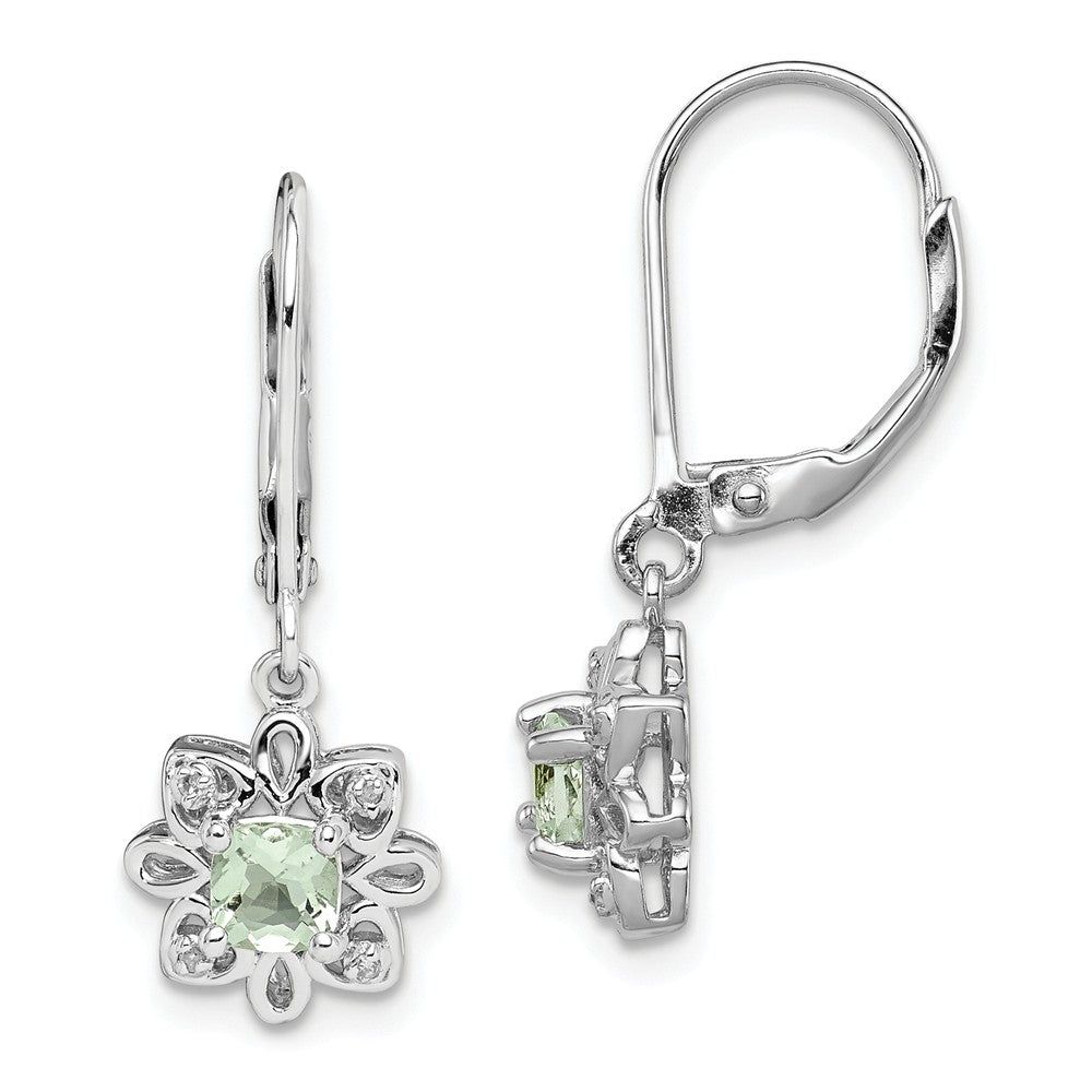 925 Sterling Silver Rhodium-plated Green Quartz Diamond Earrings, 26mm x 10mm