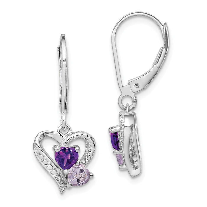 925 Sterling Silver Rhodium Amethyst & Pink Quartz & Diamond Heart Earrings, 27mm x 11mm