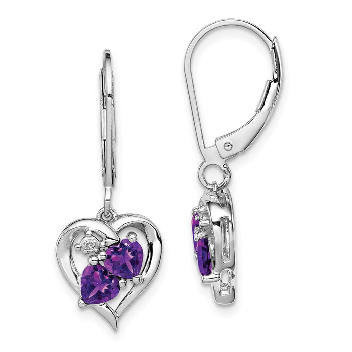 925 Sterling Silver Rhodium-plated Amethyst Diamond Earrings, 28mm x 11mm