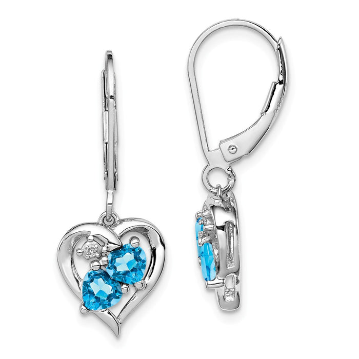 925 Sterling Silver Rhodium-plated Blue Topaz Diamond Earrings, 28mm x 11mm