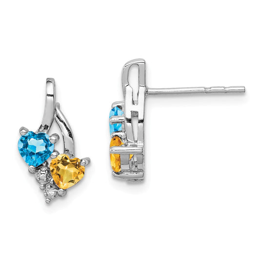 925 Sterling Silver Rhodium-plated Blue Topaz & Citrine Diamond Earrings, 14mm x 8mm