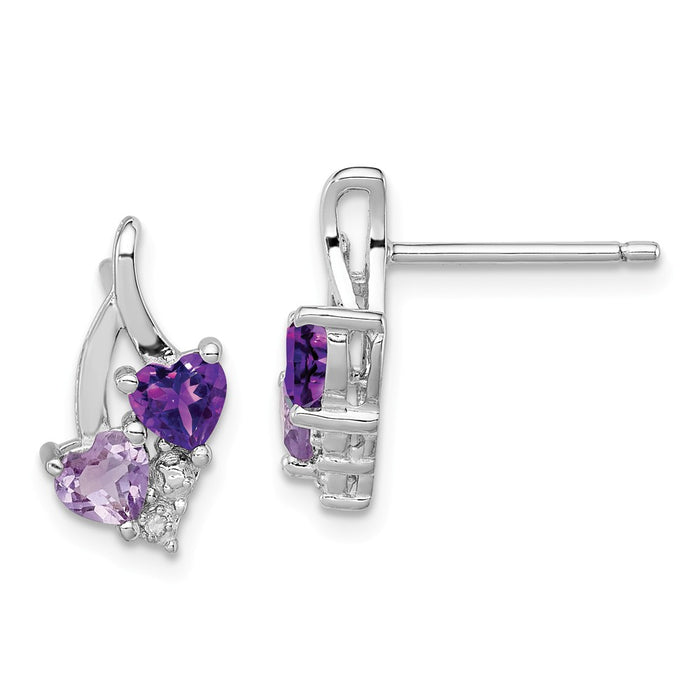 925 Sterling Silver Rhodium-plated Amethyst & Pink Quartz & Diamond Earrings, 14mm x 8mm