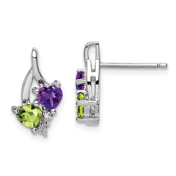 925 Sterling Silver Rhodium-plated Amethyst Peridot Diamond Earrings, 14mm x 8mm