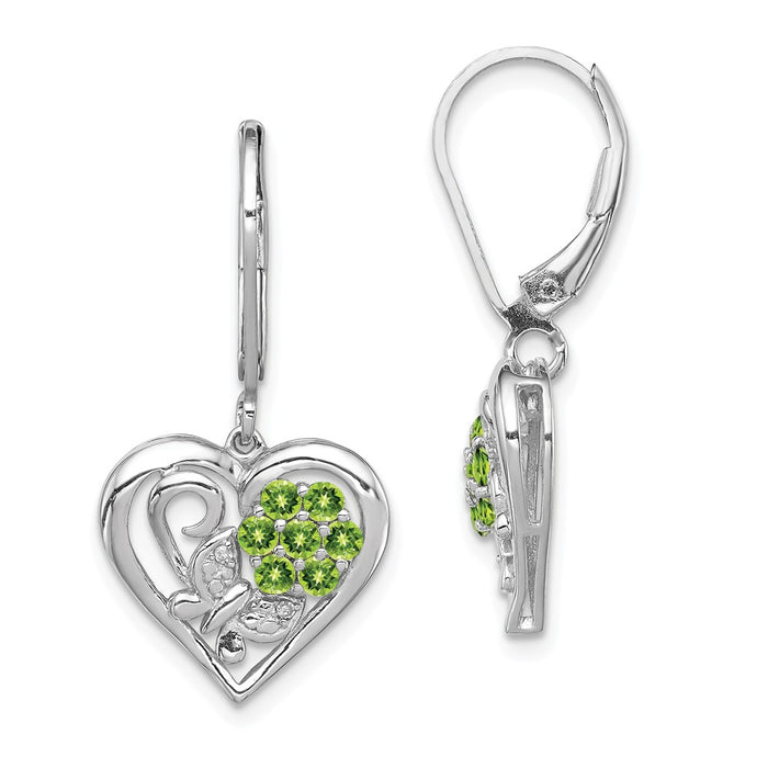 925 Sterling Silver Rhodium-plated Peridot Diamond Earrings, 29mm x 15mm