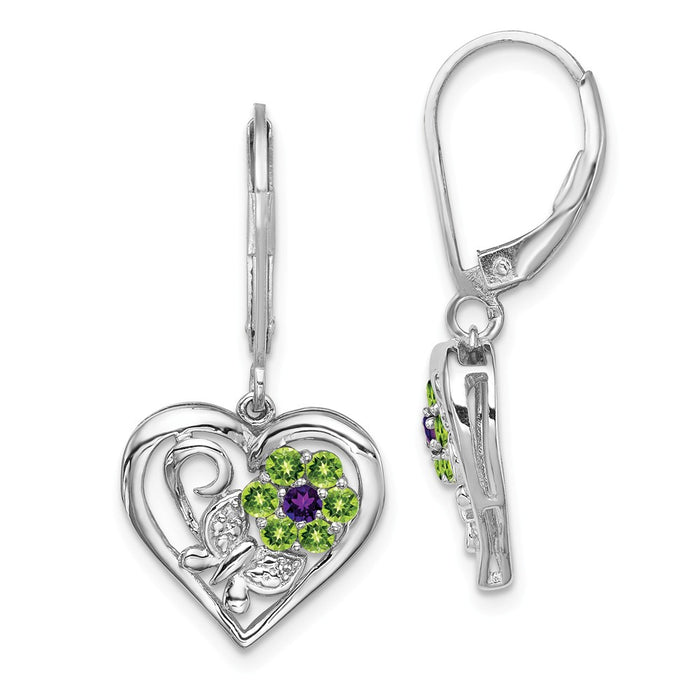 925 Sterling Silver Rhodium-plated Amethyst Peridot Diamond Earrings, 29mm x 15mm