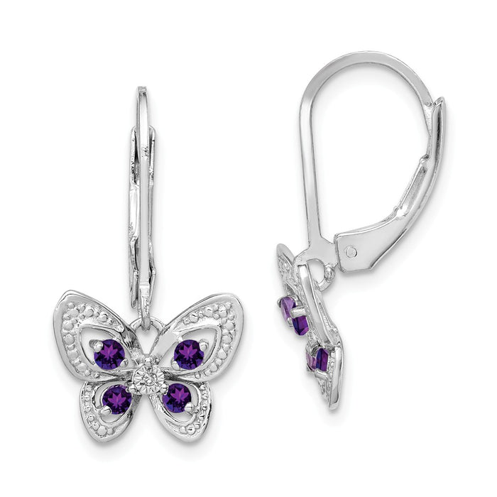 925 Sterling Silver Rhodium-plated Amethyst & Diamond Butterfly Earrings, 24mm x 13mm