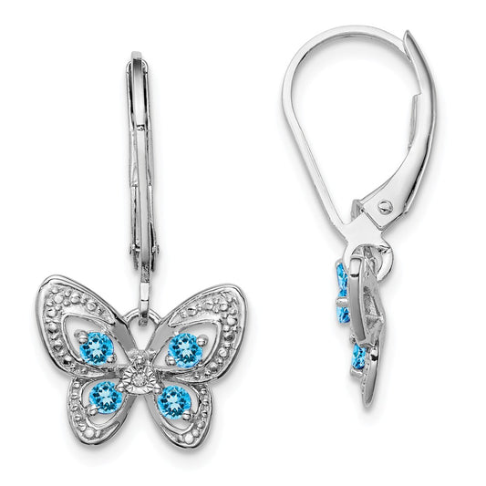 925 Sterling Silver Rhodium-plated Blue Topaz & Diamond Earrings, 24mm x 13mm