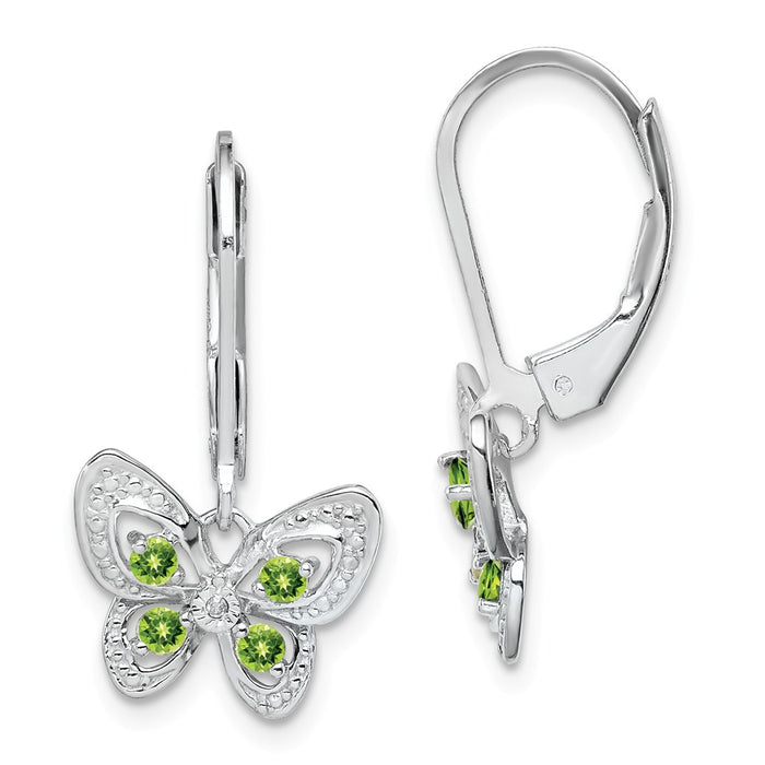 925 Sterling Silver Rhodium-plated Peridot & Diamond Earrings, 24mm x 13mm