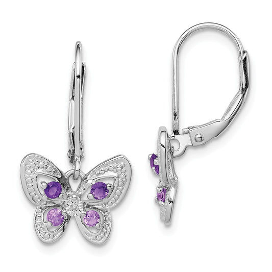 925 Sterling Silver Rhodium Amethyst & Pink Quartz & Diamond  Butterfly Earrings, 24mm x 13mm