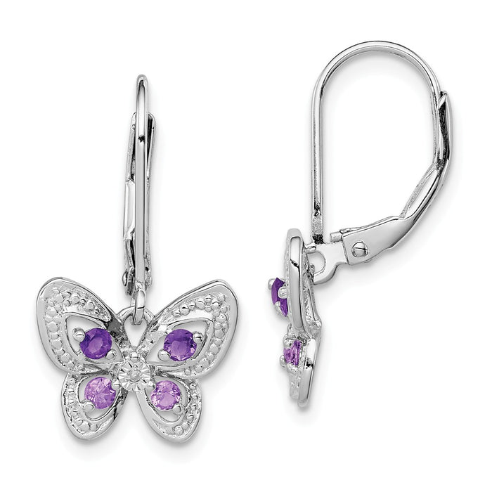 925 Sterling Silver Rhodium Amethyst & Pink Quartz & Diamond  Butterfly Earrings, 24mm x 13mm