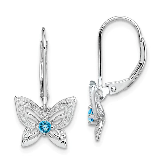 925 Sterling Silver Rhodium-plated Blue Topaz & Diamond Earrings, 15mm x 13mm
