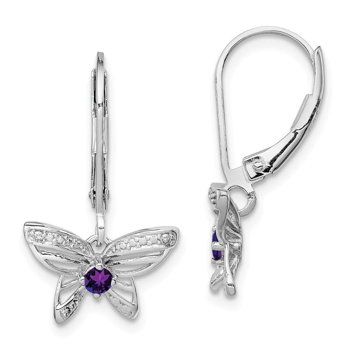 925 Sterling Silver Rhodium-plated Amethyst & Diamond Butterfly Earrings, 23mm x 13mm