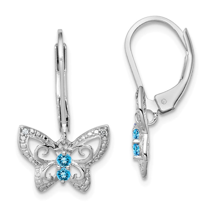 925 Sterling Silver Rhodium-plated Blue Topaz & Diamond Earrings, 24mm x 13mm